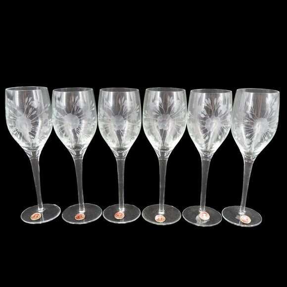 VTG Set of 6 Etched Flower Floral Burst Wine Glasses Drinkware Roumania Romania - Picture 1 of 11